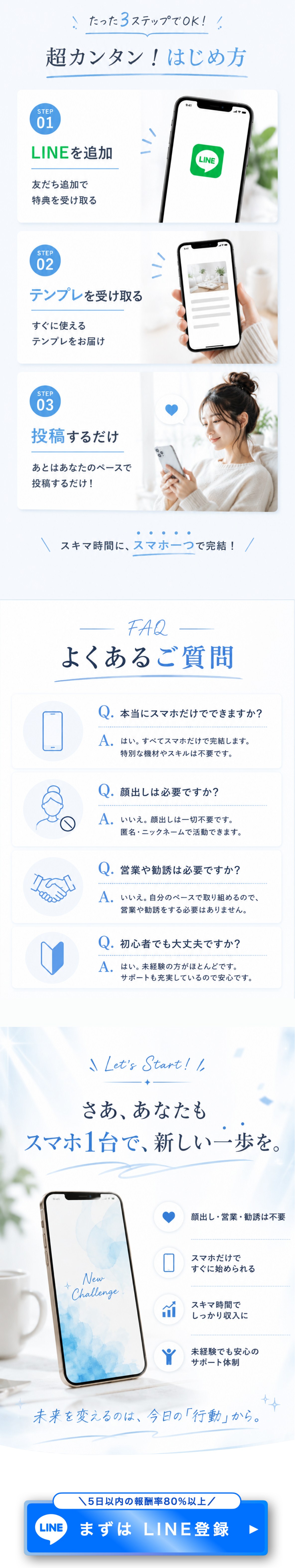 超カンタン！はじめ方の3STEP（LINE追加→テンプレ受取→投稿）、よくあるご質問、Let's Start！スマホ1台で、新しい一歩を